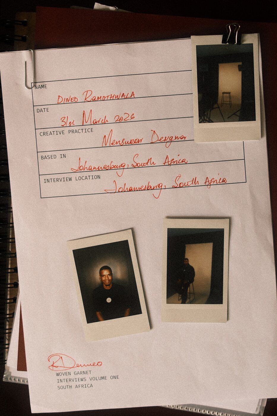 Dineo Ramothwala's handwritten interview record card with polaroids