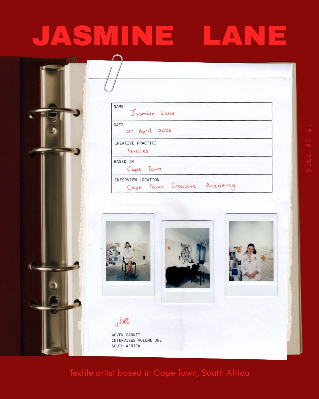 Jasmine Lane's interview record card with polaroids