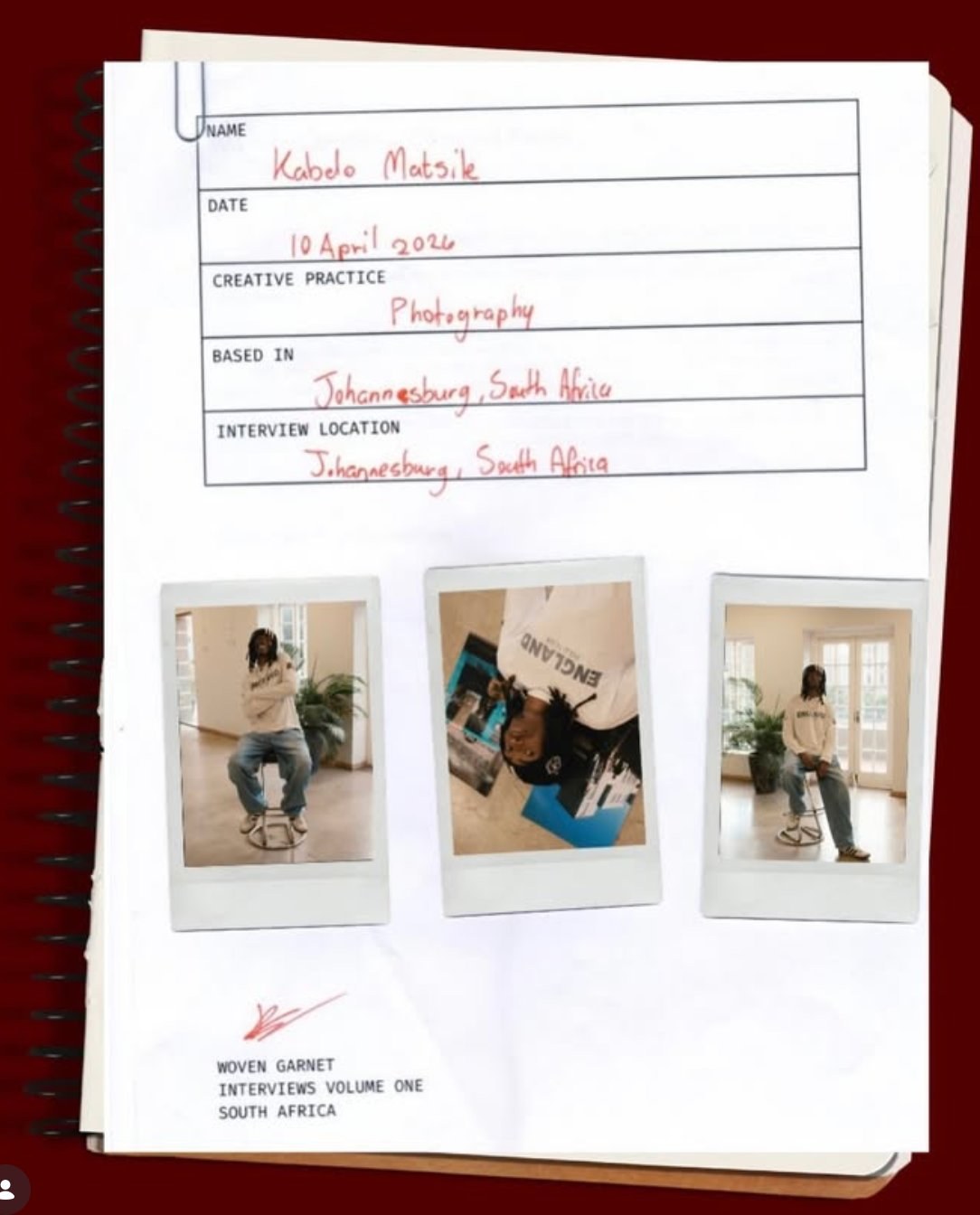 Kabelo Matsile's interview record card on the notebook