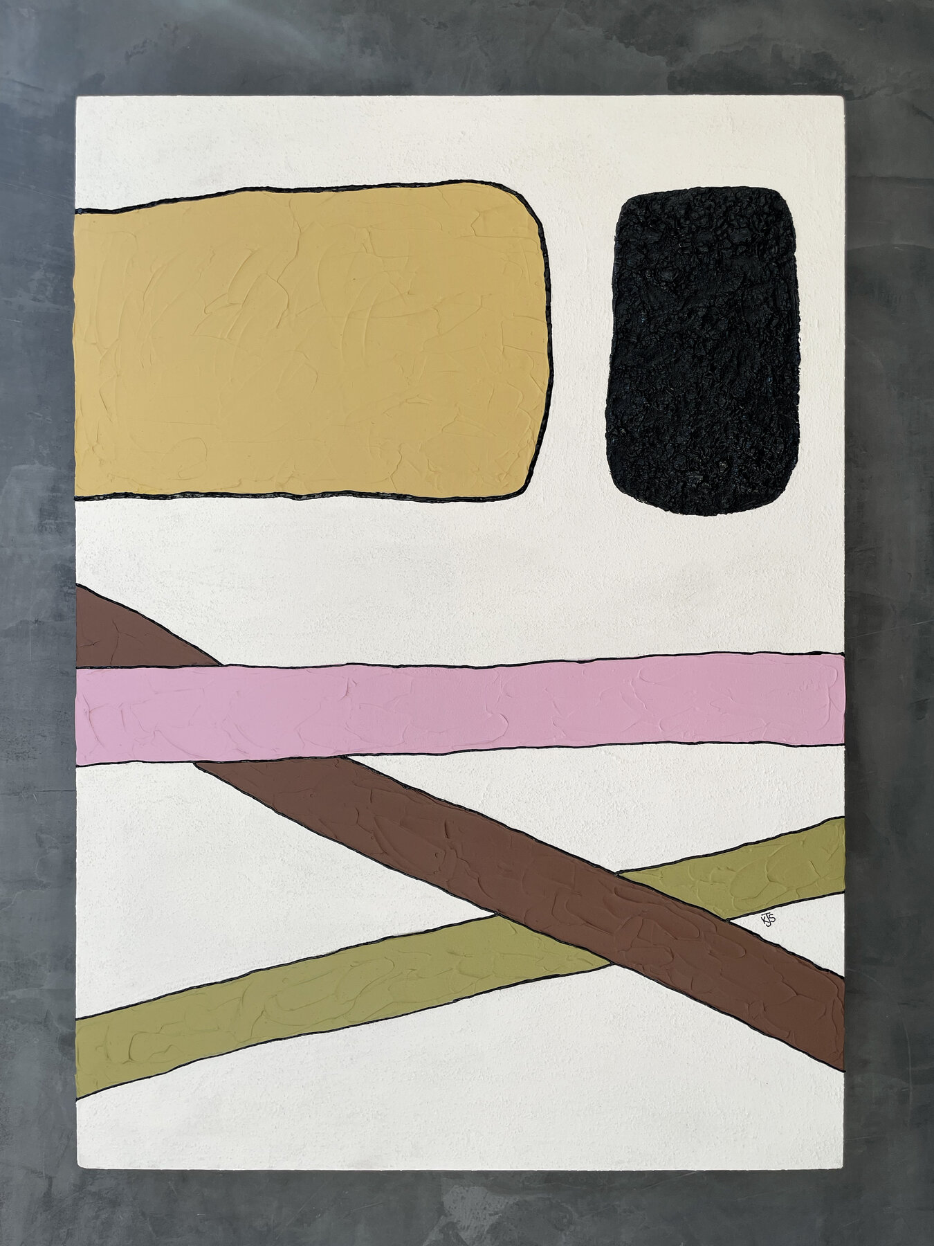 Painting by Keziah Jade Swinford — abstract forms in mustard, black, pink, brown, and olive on a pale ground