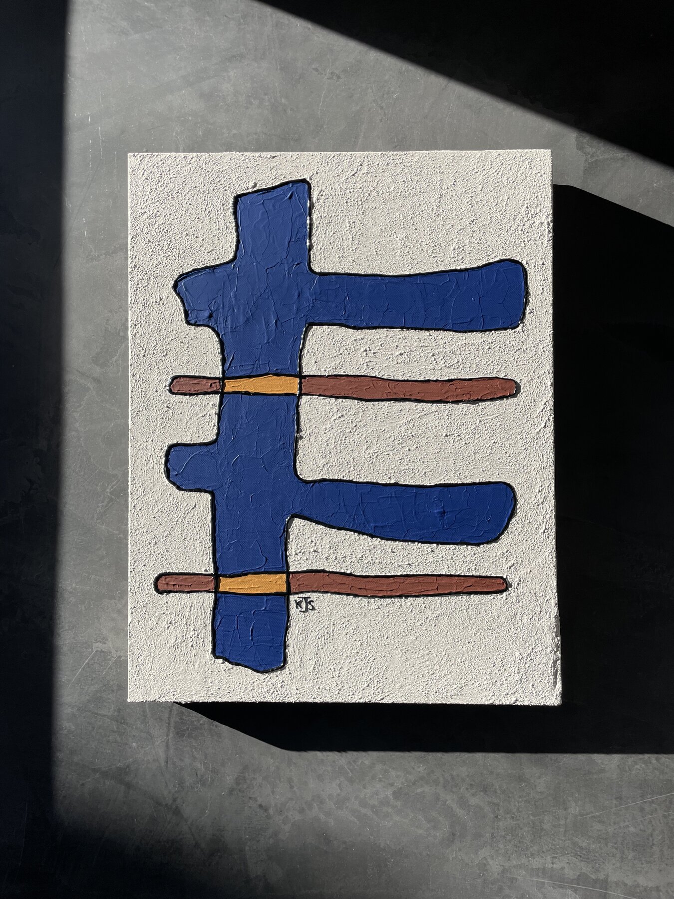 Painting by Keziah Jade Swinford — interlocking blue forms with brown and ochre bands on a textured pale ground
