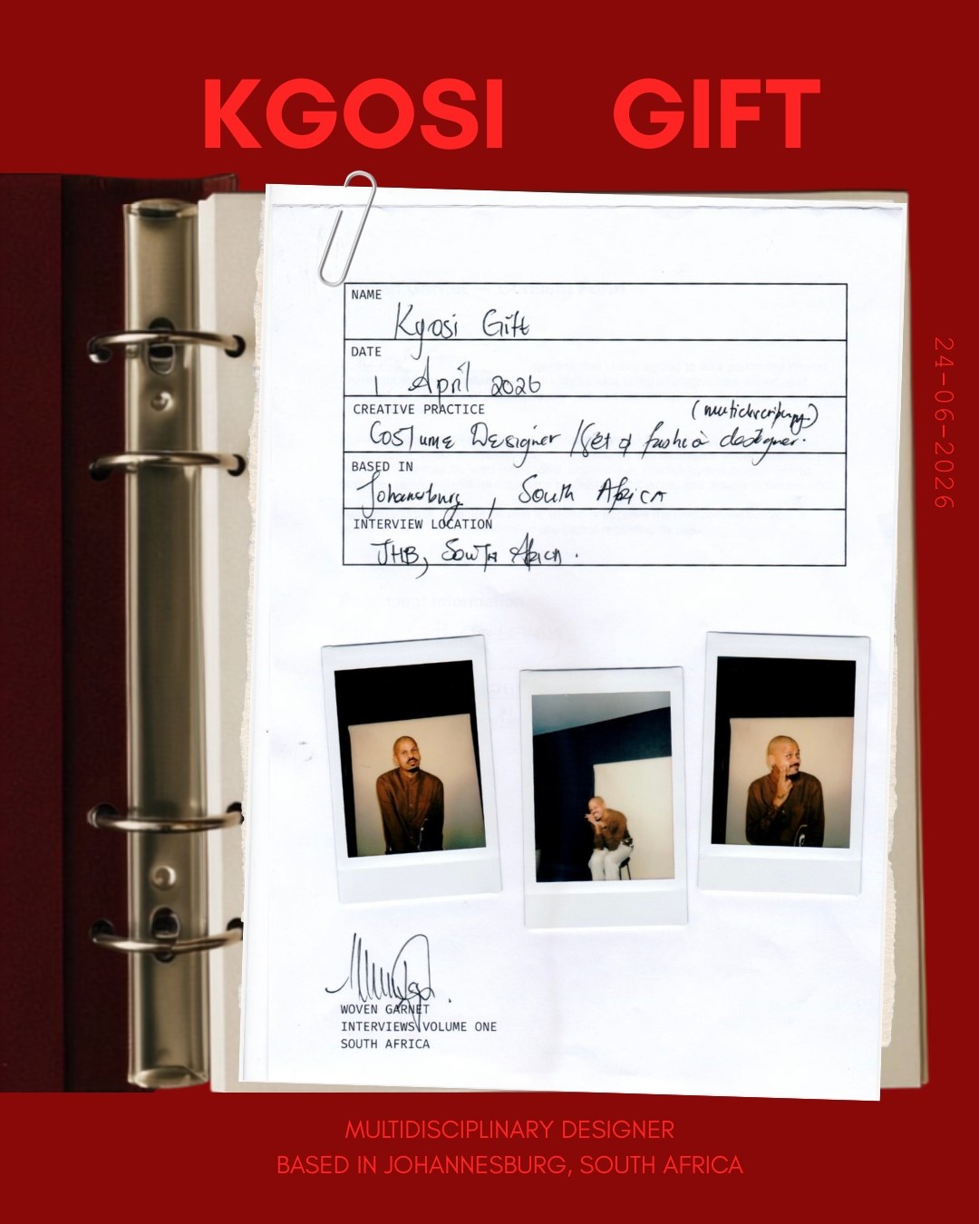Kgosi Gift's interview record card with polaroids