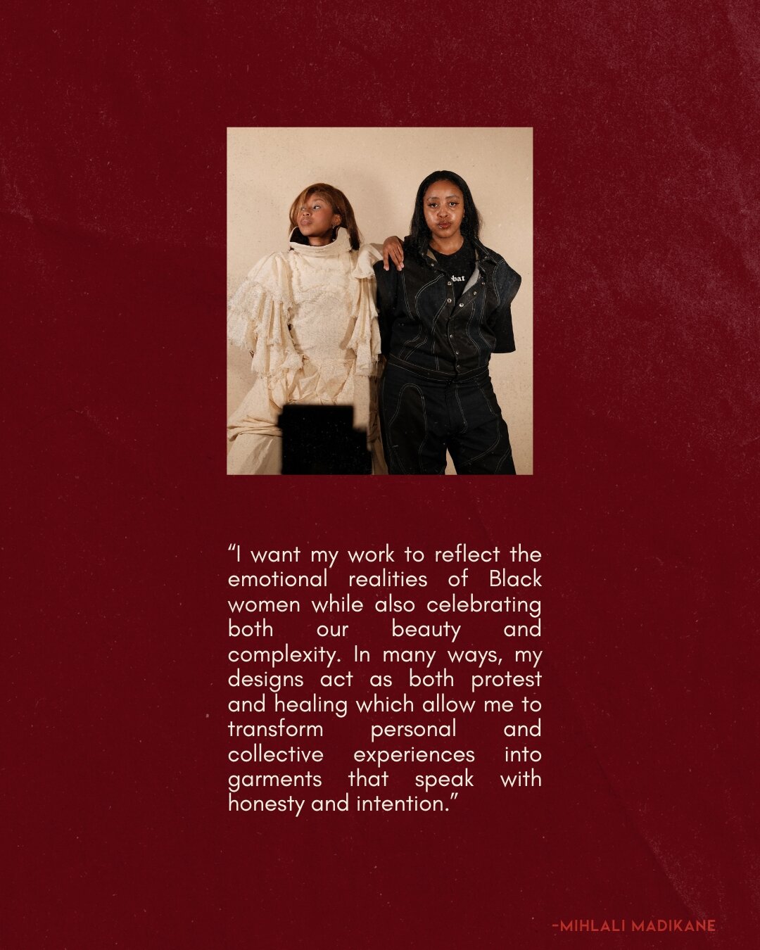 Slide four — on designs as both protest and healing, transforming personal and collective experiences into garments that speak with honesty and intention