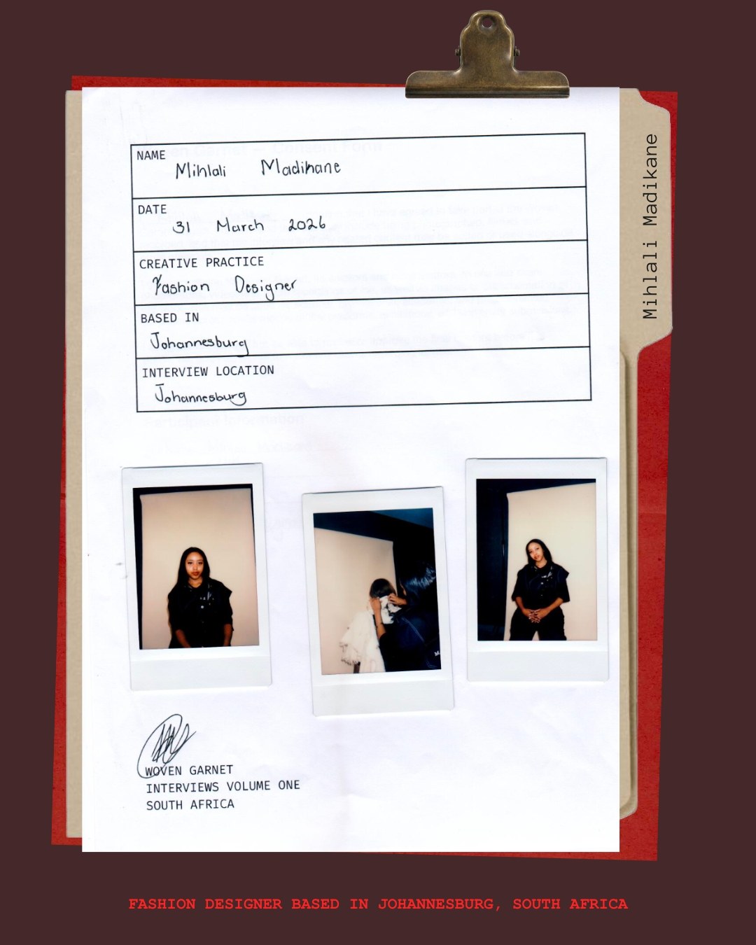 Mihlali Madikane — interview record card with polaroids