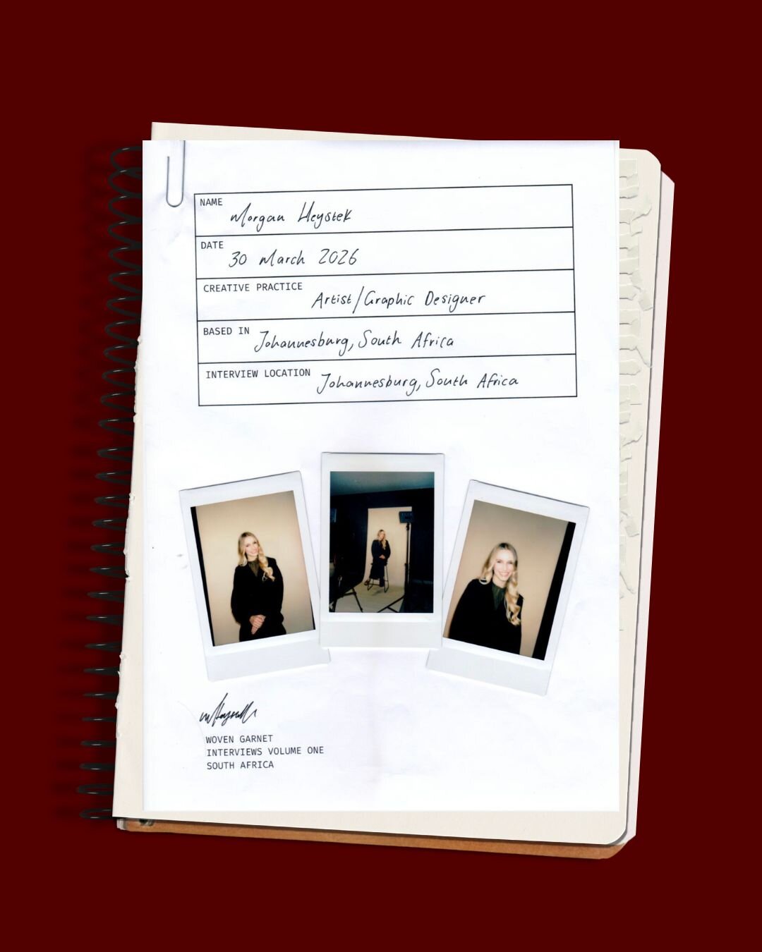 Morgan Heystek — interview record card with polaroids