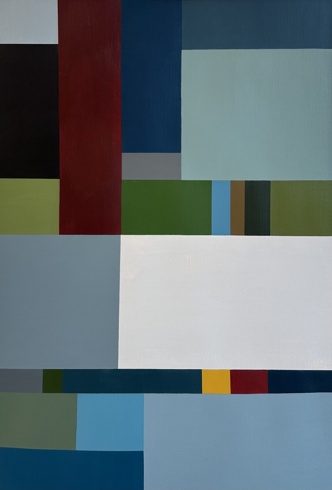 Painting by Morgan Heystek — interlocking blocks of blue, green, grey and deep red