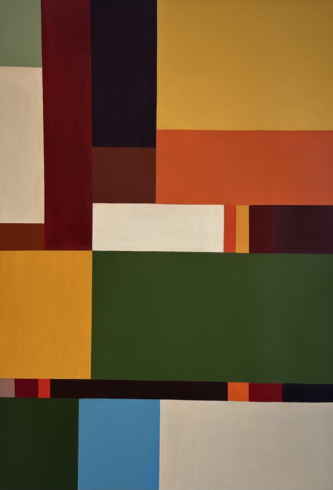 Painting by Morgan Heystek — fields of ochre, green, orange and cream meeting at clean edges