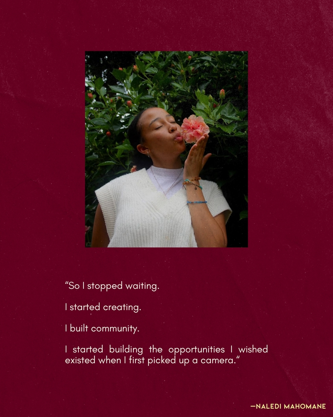 Slide three — on stopping the waiting: starting to create, building community, and making the opportunities she wished existed when she first picked up a camera