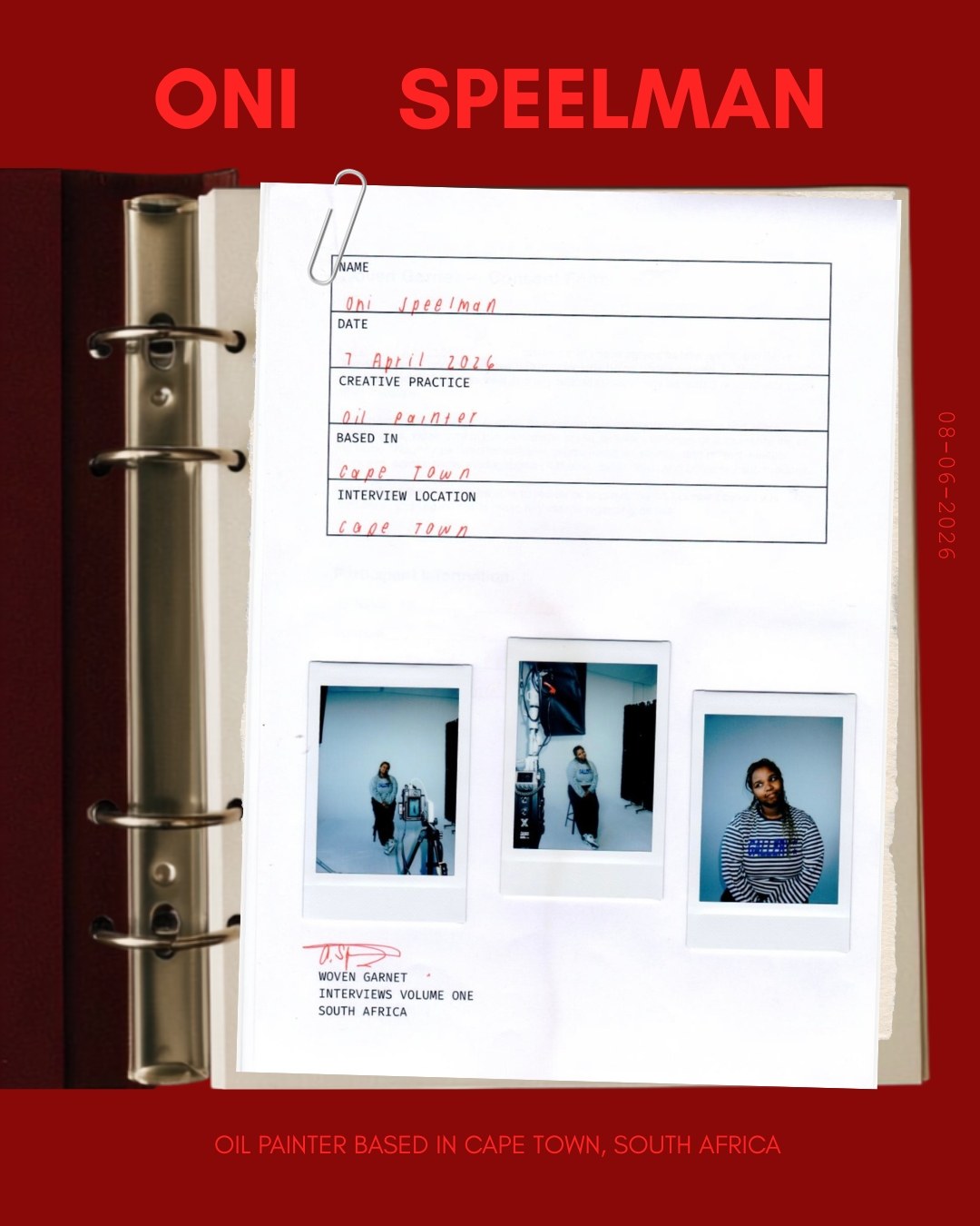 Oni Speelman's interview record card with polaroids