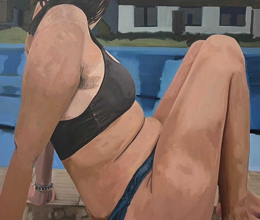 Oil painting by Oni Speelman — a figure in a black swimsuit reclining poolside, painted close and from below