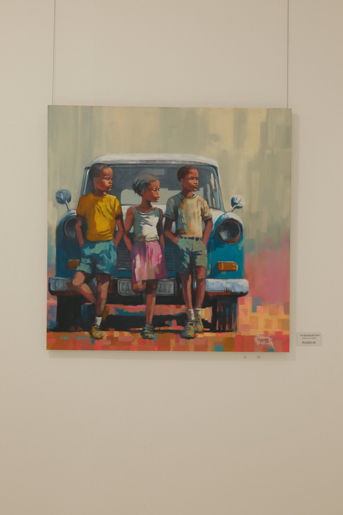 The Neighbours Car III — three children in front of a vintage blue car, by Shaunez Benting