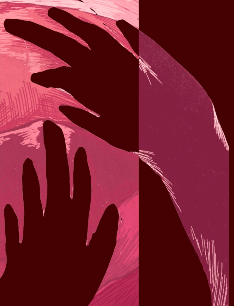Two dark garnet hands reaching across a pink and crimson ground, split by a vertical band.