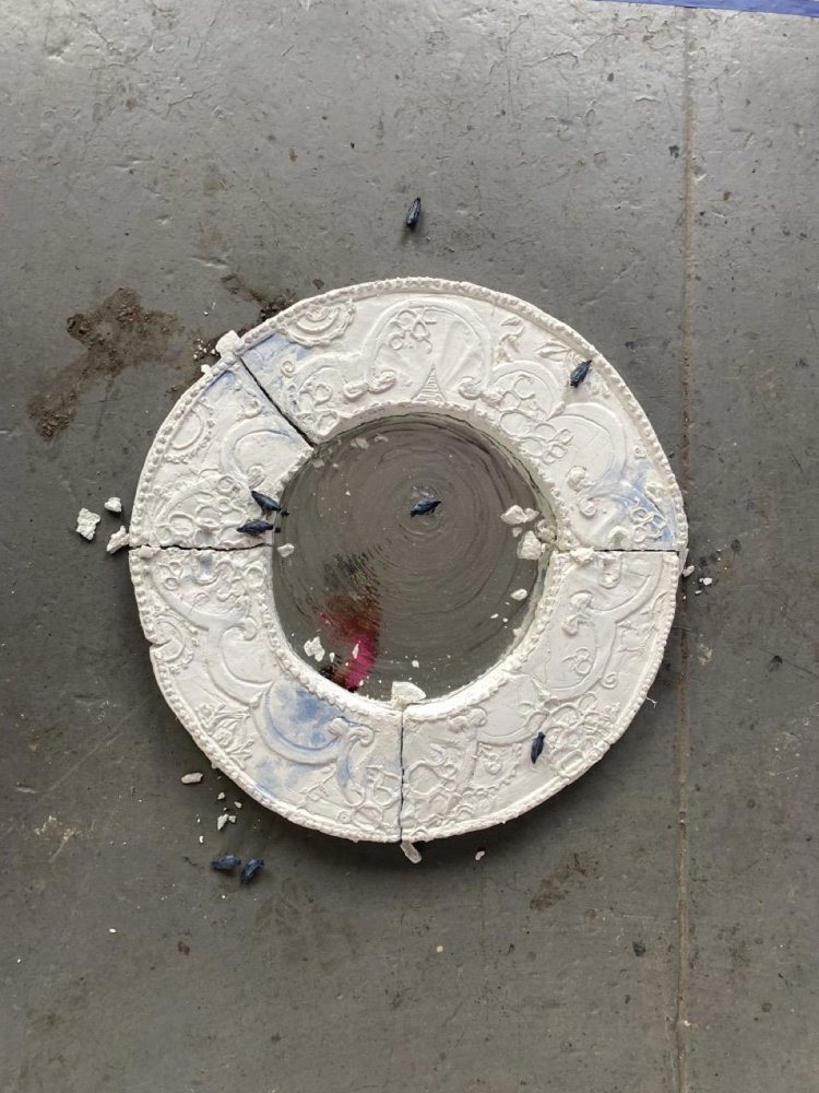 BirdbathWishingwellManholeMirror, 2025–2026, by Abdullah Saloojee. Plaster, glass and clay, 56 cm.