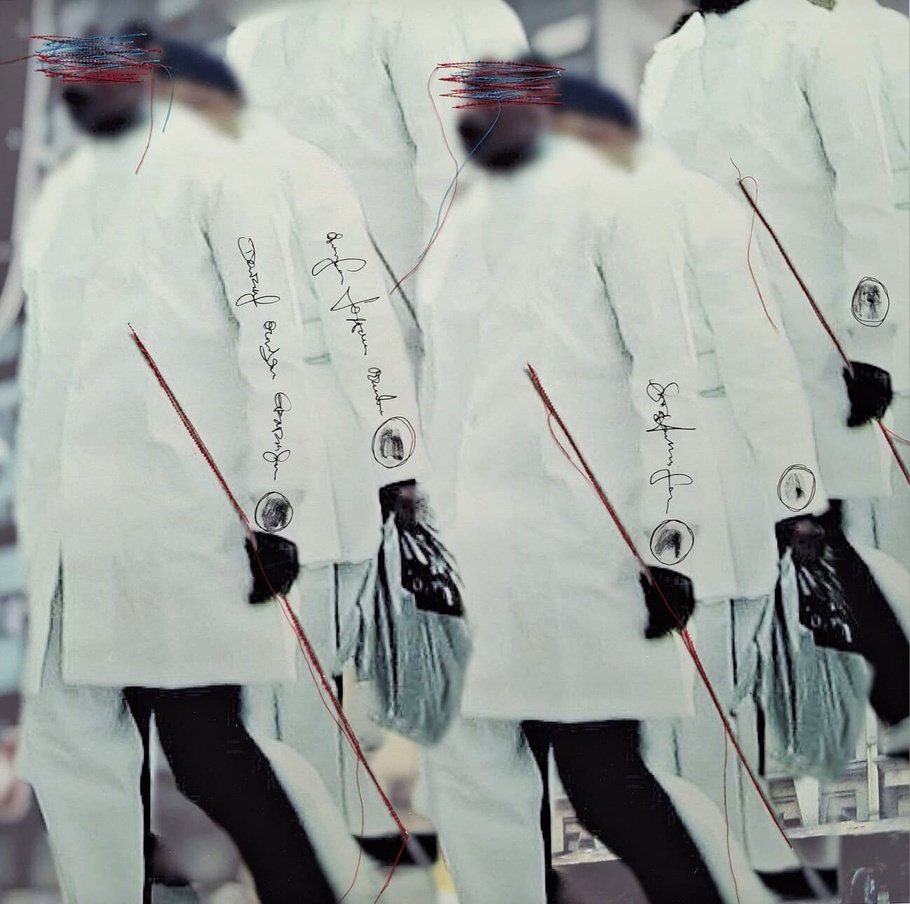 Woven from two worlds, 2025, by Claudine Hauke. Manipulated photography, mixed media, 76 x 76 cm.