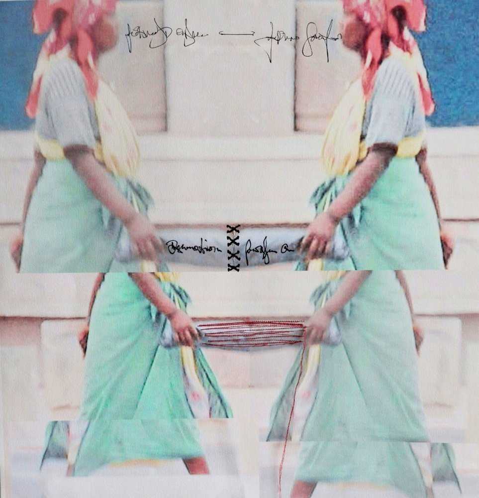 In Self Translation, 2025, by Claudine Hauke. Manipulated photography, mixed media, 76 x 76 cm.