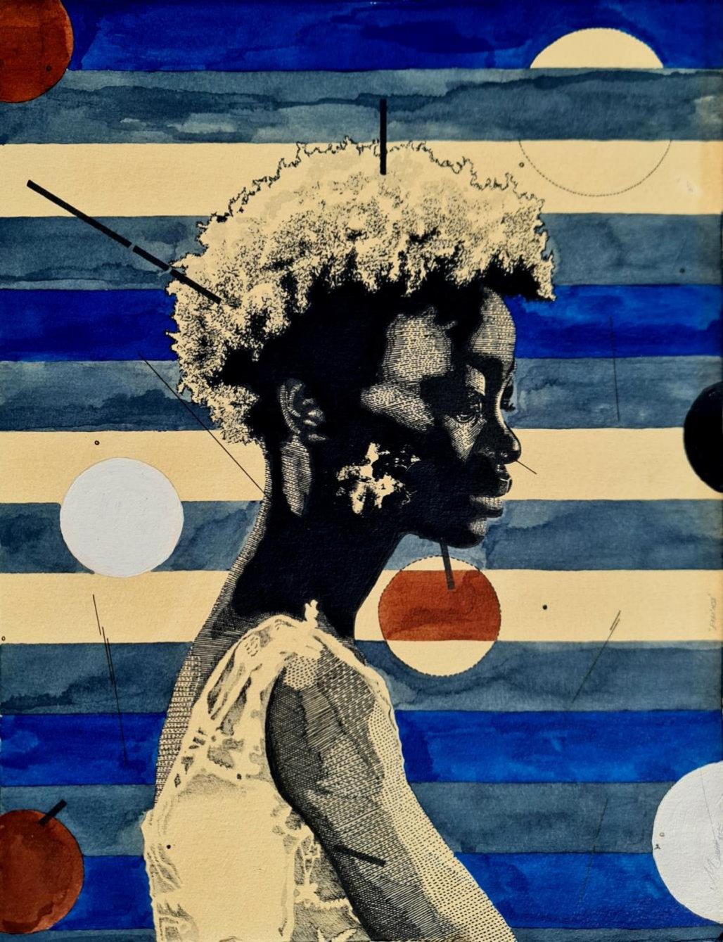 Ema'nsi, 2025, by David Madlabane. Archival fineliner and watercolour on 220gsm Fabriano paper, signed, 29.6 x 38.7 cm.