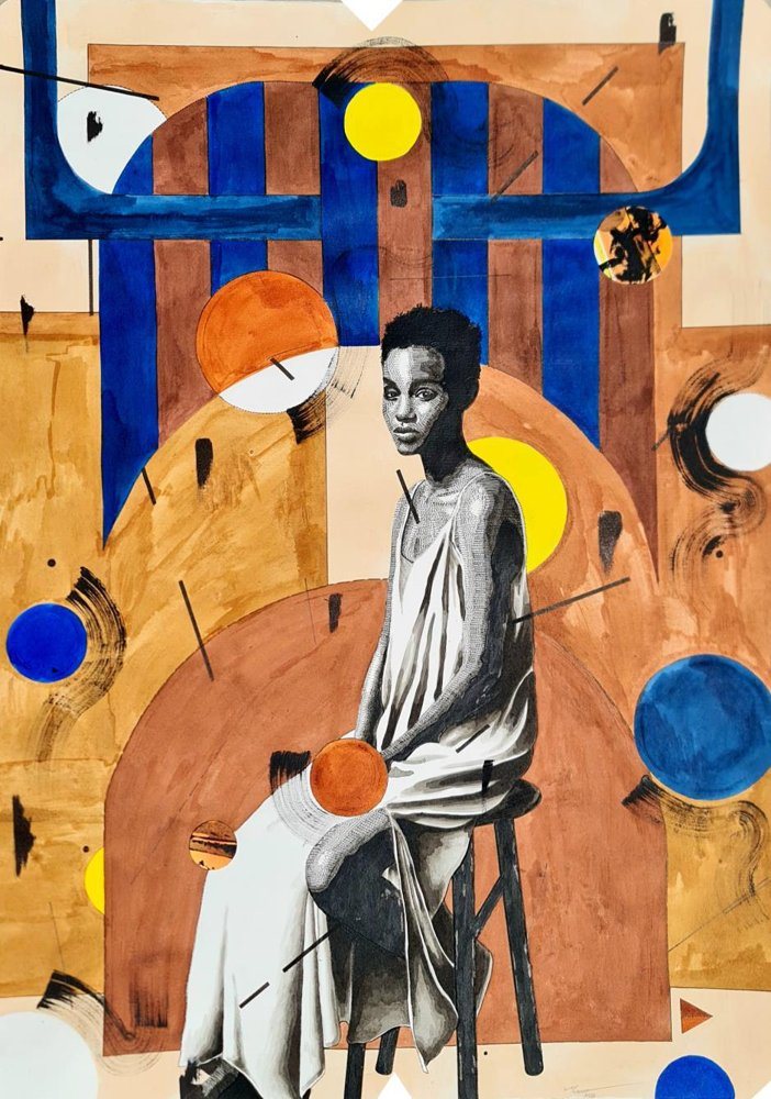 The intuition of brown, 2025, by David Madlabane. Archival fineliner, watercolour and collage on 220gsm Fabriano paper, signed, 70 x 50 cm.