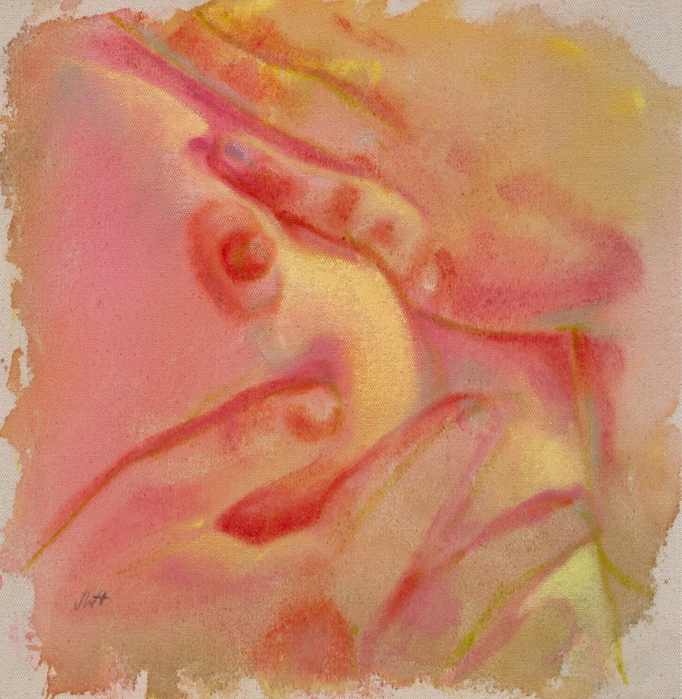Mine, 2026, by Jasper Wolfeman. Oil and acrylic on raw canvas, framed, 30 x 30 cm.
