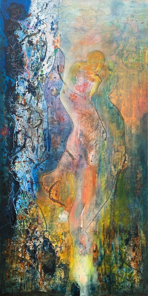 Goddess Dancers, 2024, by Melanie Meyer. Mixed media finished in oil on stretched canvas, 180 x 90 cm.