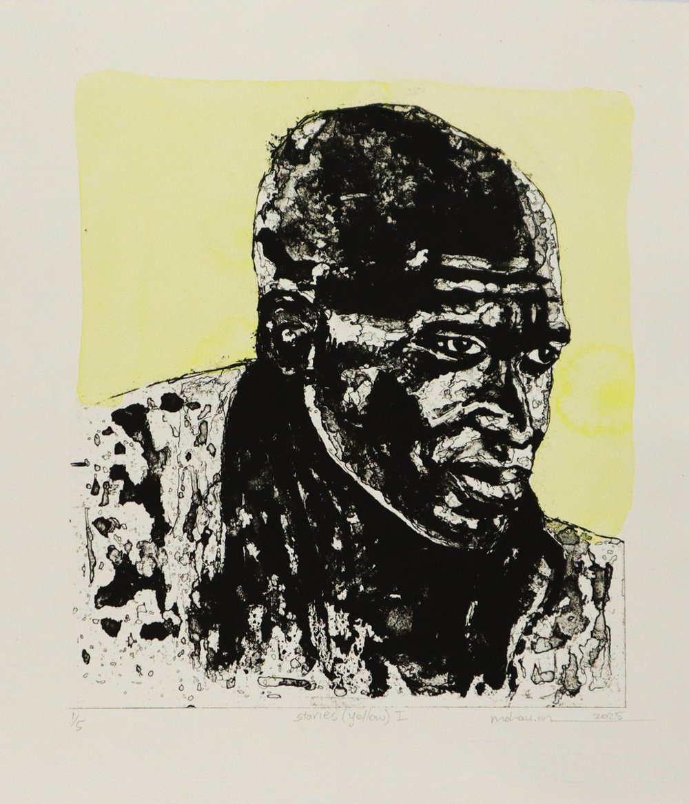 Stories (yellow) i, 2025, by Mohau Moholane. Lithography on Fabriano, 27.5 x 24 cm.