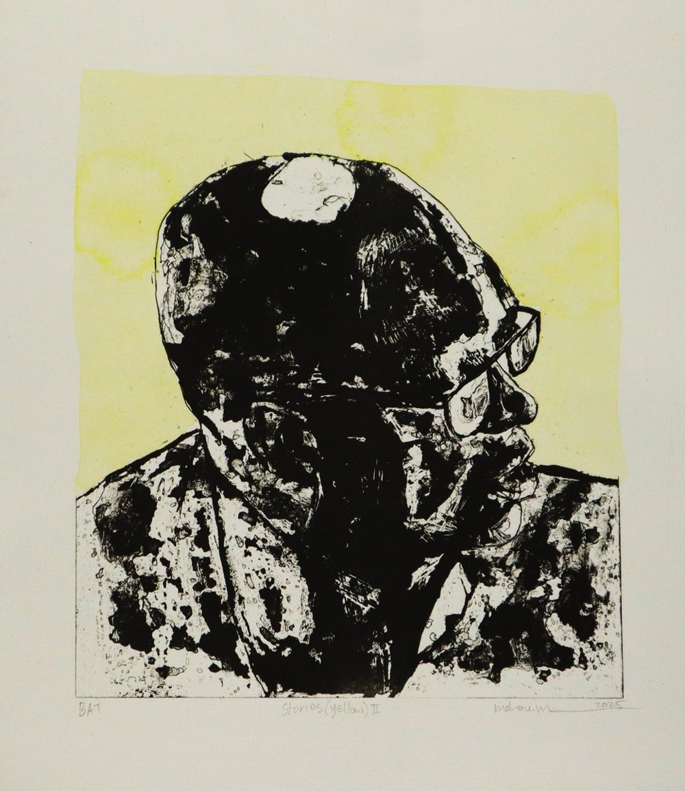 Stories (yellow) ii, 2025, by Mohau Moholane. Lithography on Fabriano, 27.5 x 24 cm.