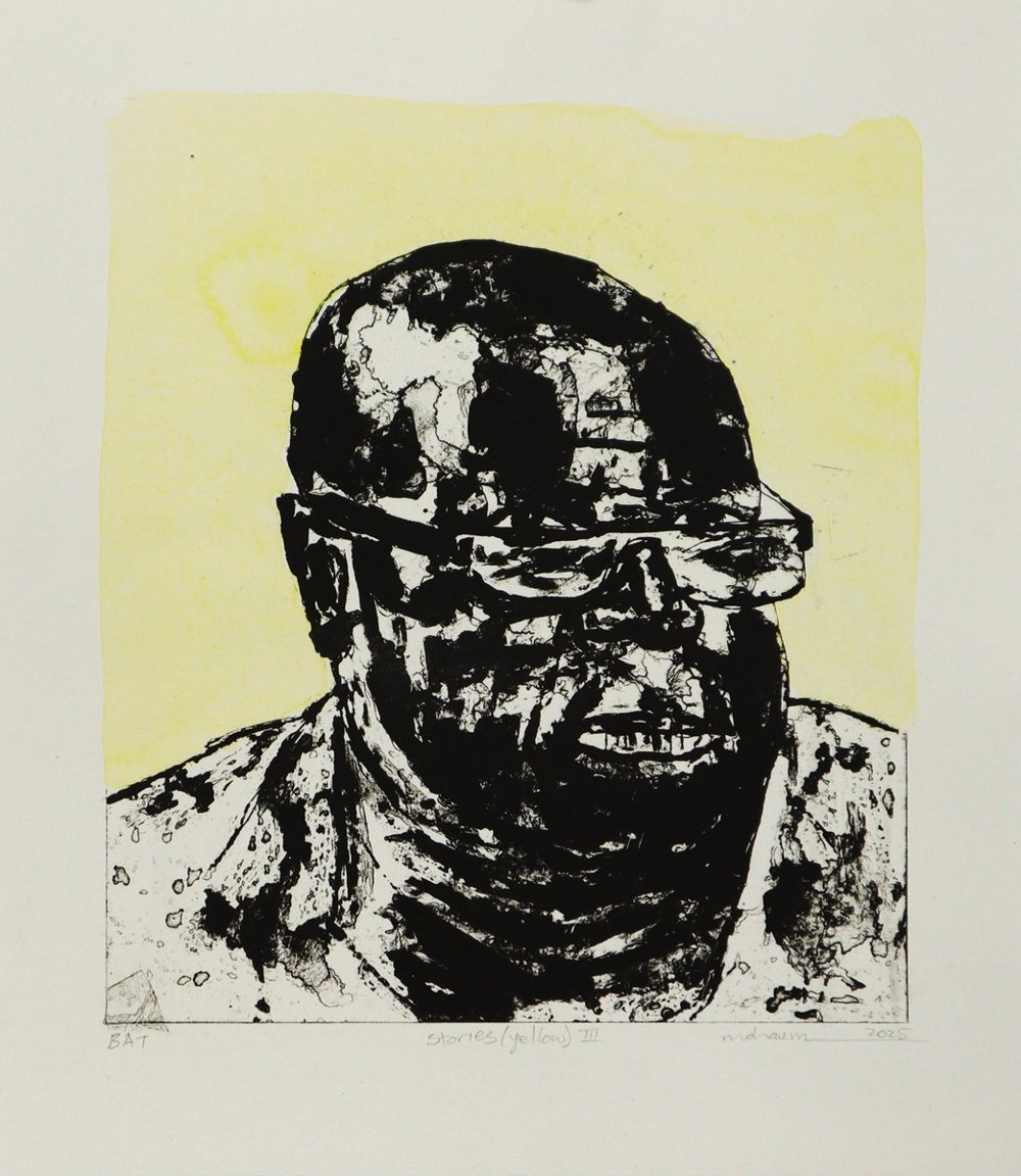 Stories (yellow) iii, 2025, by Mohau Moholane. Lithography on Fabriano, 27.5 x 24 cm.