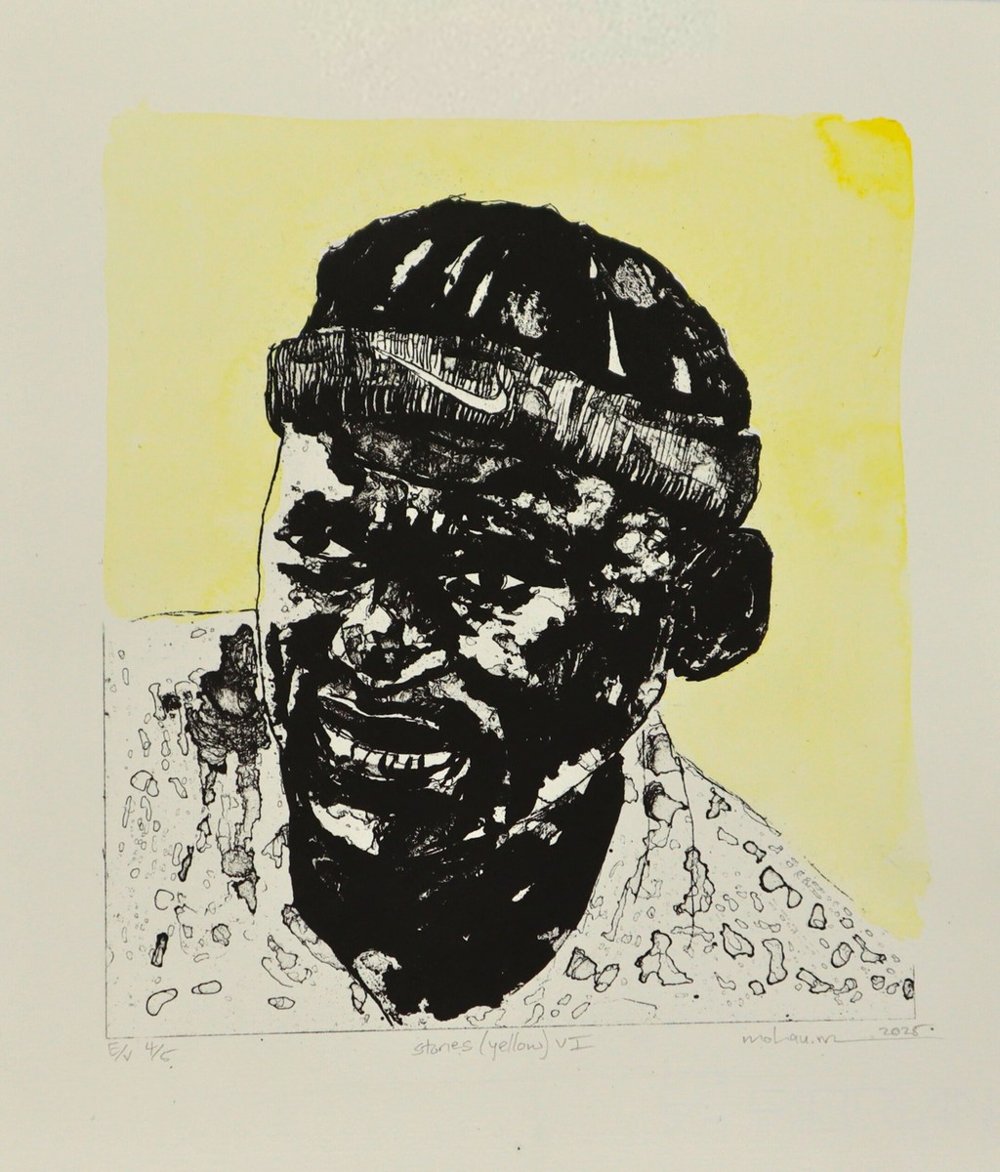 Stories (yellow) iv, 2025, by Mohau Moholane. Lithography on Fabriano, 27.5 x 24 cm.