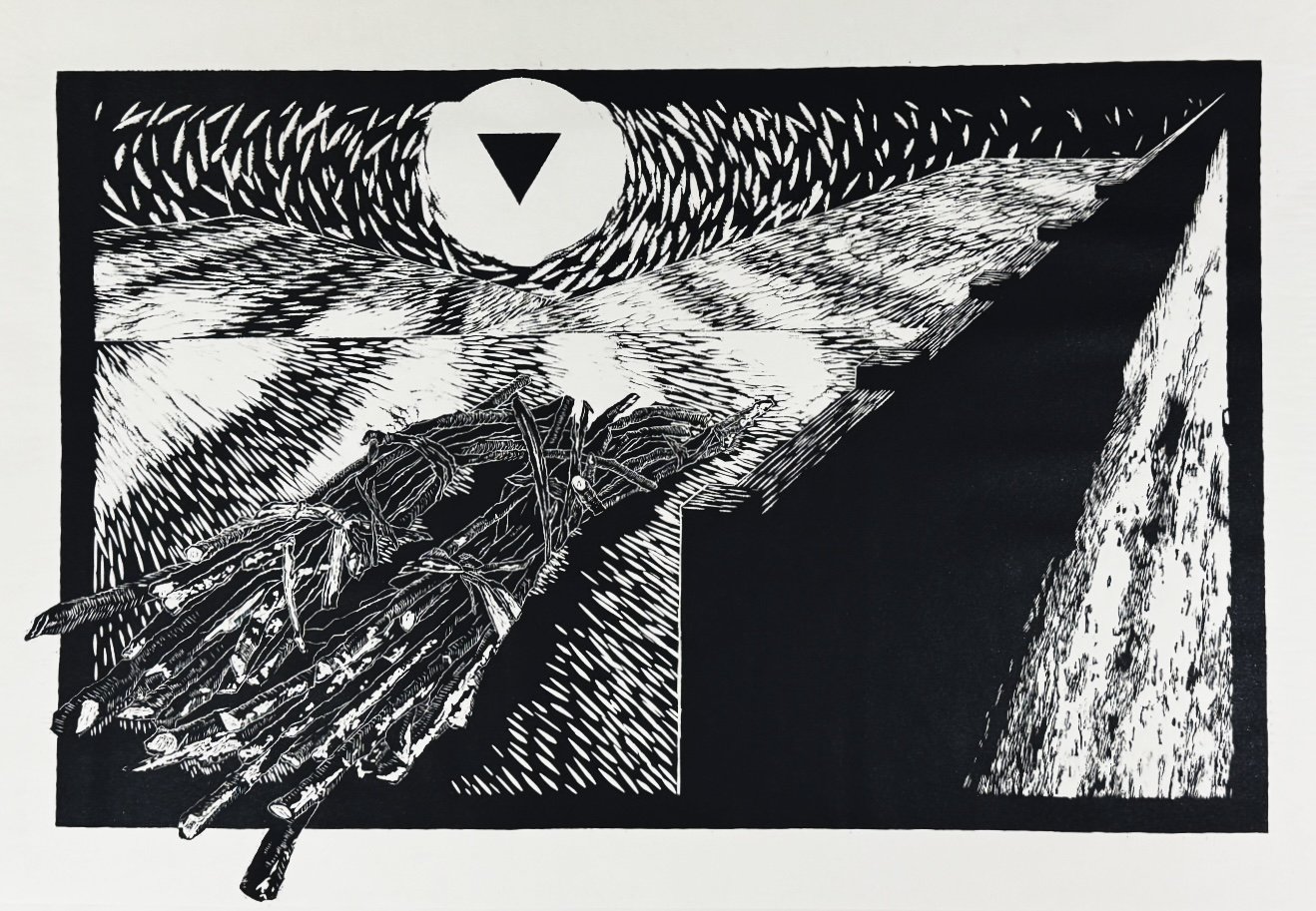 Gcina okwakho, by Owethu Mtshali. Woodcut print on Arches 185gsm, 126 x 87 cm.