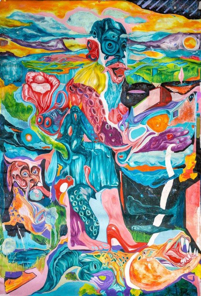Riding God, 2023, by Qhamani Bangani. Oil paint and oil stick on unstretched canvas, 100 x 150 cm.