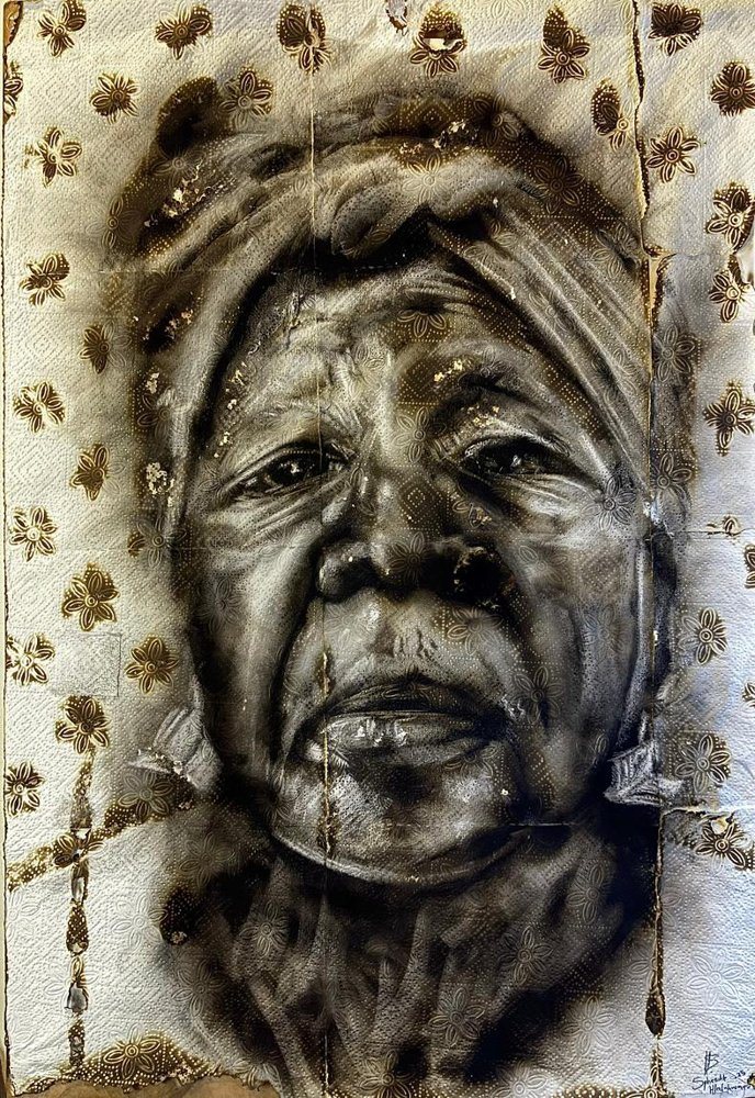 Una Hlatshwayo, 2025, by Sphesihle Hlatshwayo. Candle smoke on tissue (fumage), 59.4 x 84.1 cm.