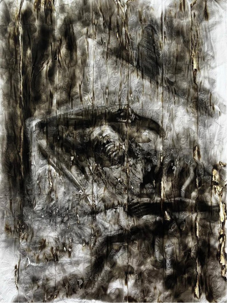 Between sleep and flight, 2026, by Sphesihle Hlatshwayo. Candle smoke on tissue (fumage), 59.4 x 84.1 cm.