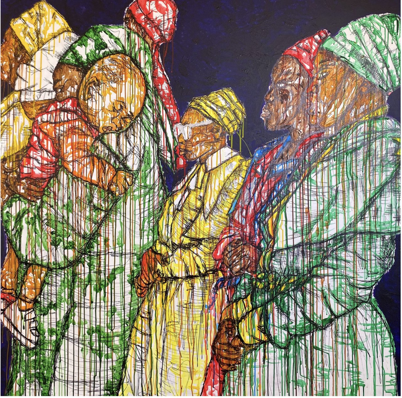Omama Bomthandazo (Women of Prayer), 2026, by Zama Magubane. Acrylic and ink on canvas, 1.5 x 1.5 m.