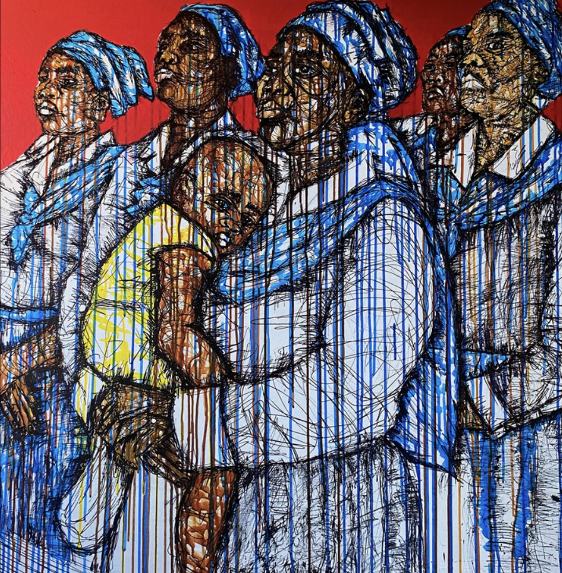 Umkhulisi (The Nurturer), 2026, by Zama Magubane. Acrylic and ink on canvas, 1.5 x 1.5 m.