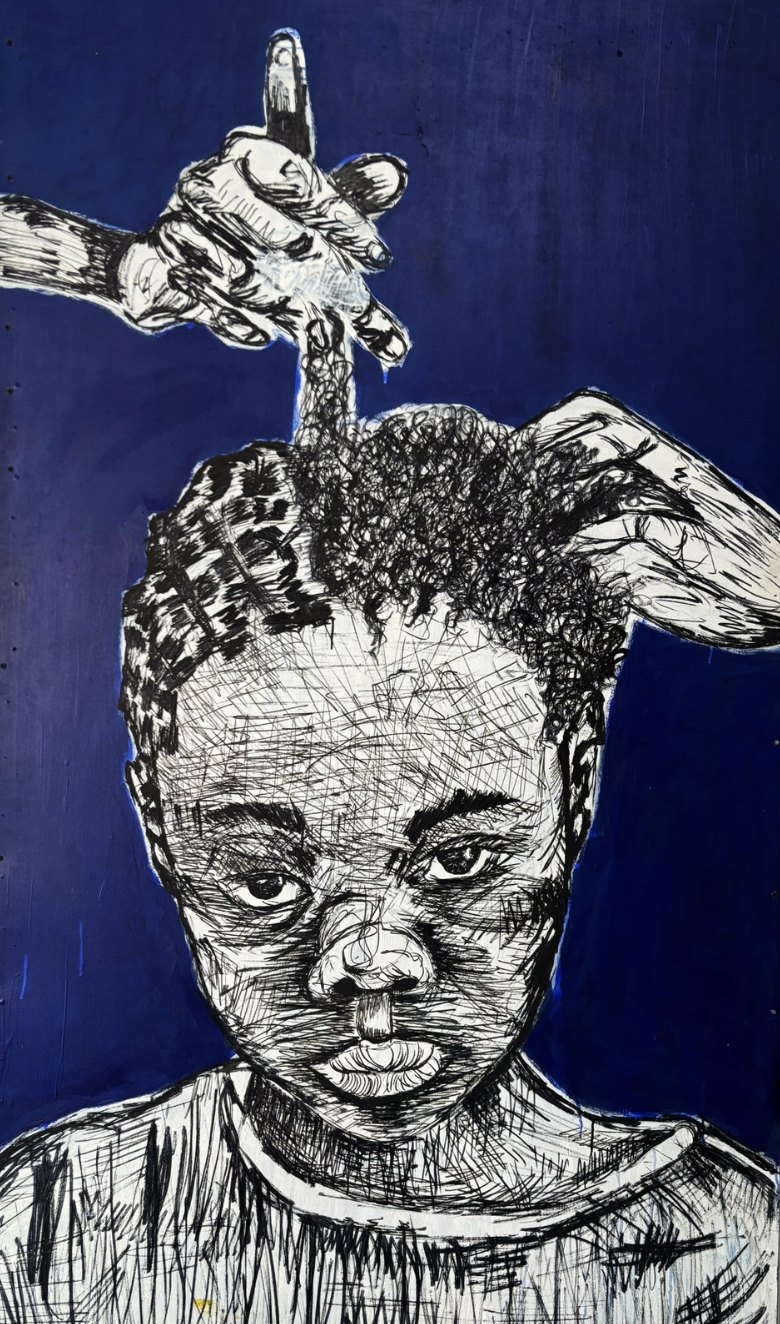 Ben and Betty, 2022, by Zama Magubane. Acrylic and ink on canvas, 2.1 x 1.45 m.