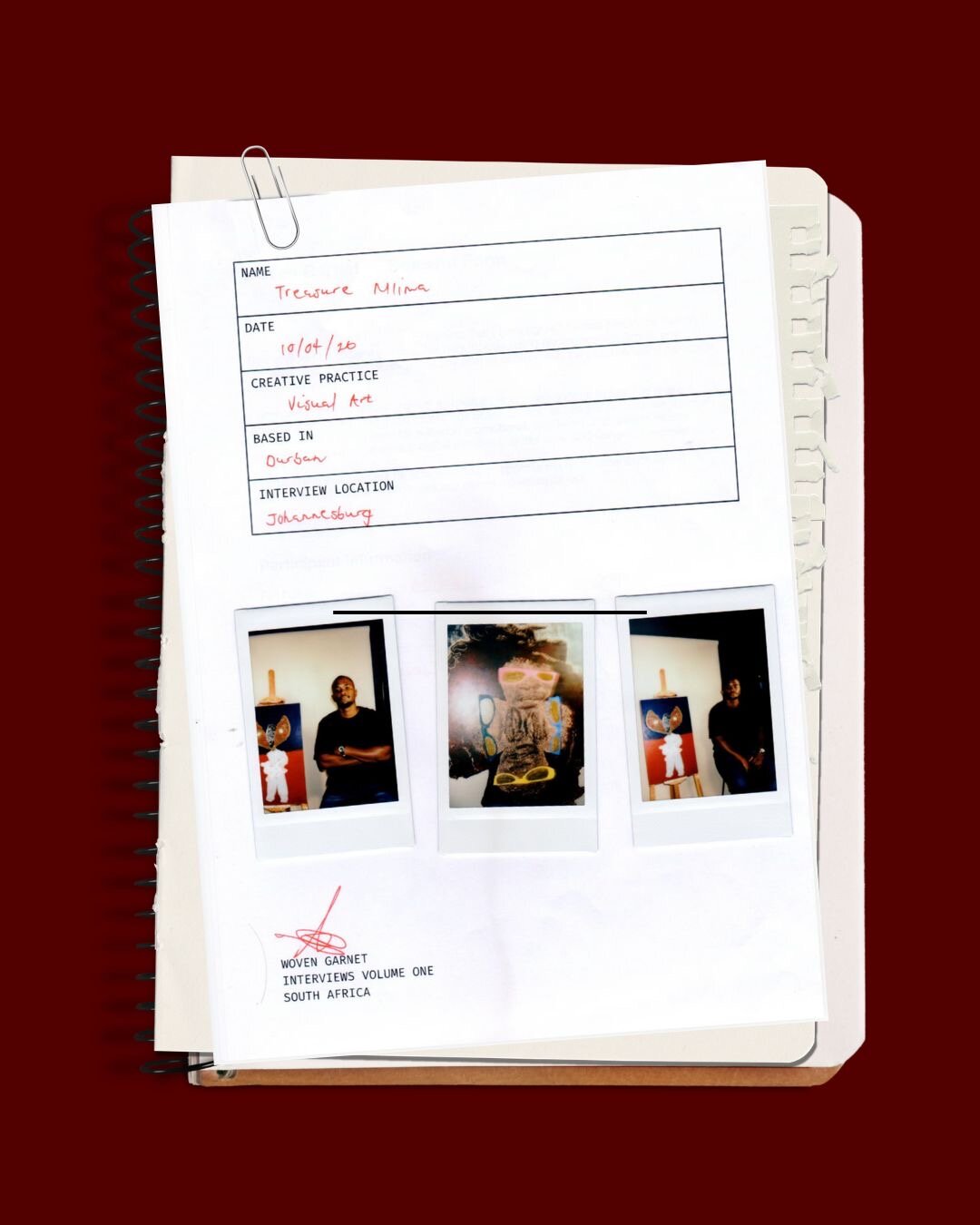Treasure Mlima's interview record card on the notebook