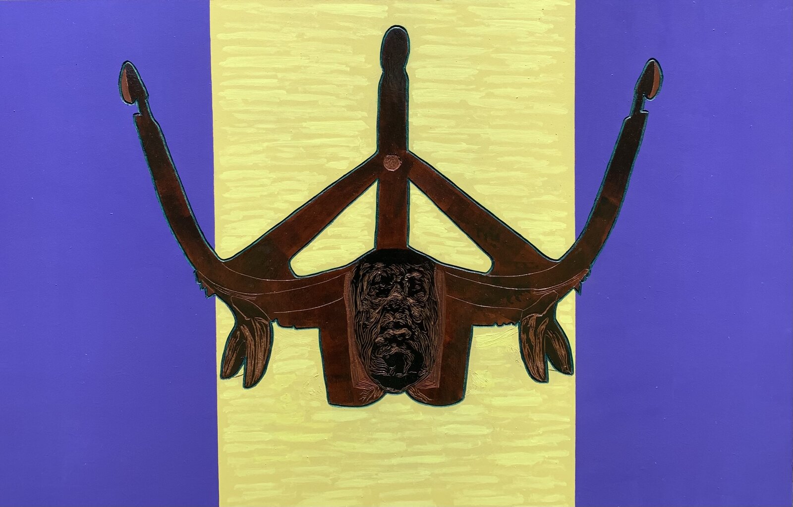Painting by Treasure Mlima — figure between two upturned wooden forms on yellow and purple ground
