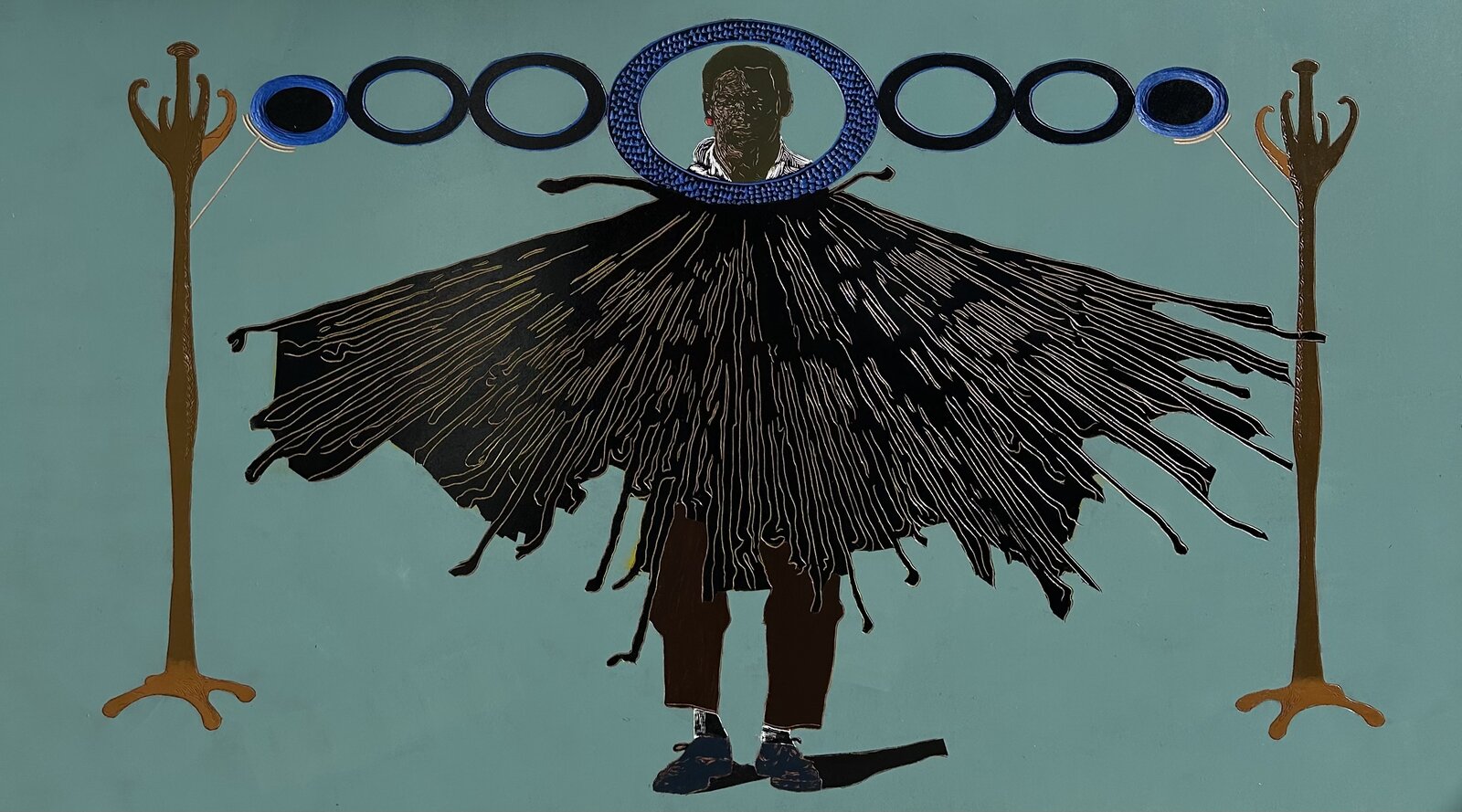 Painting by Treasure Mlima — figure in a fringed cloak with a halo of blue circles