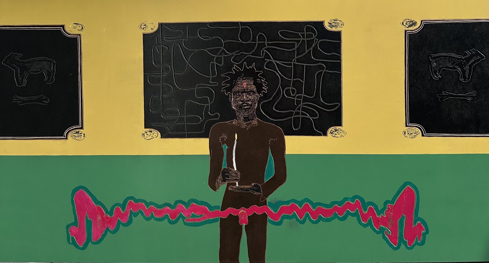 Painting by Treasure Mlima — figure holding a candle with abstract panels and cave-painting forms behind