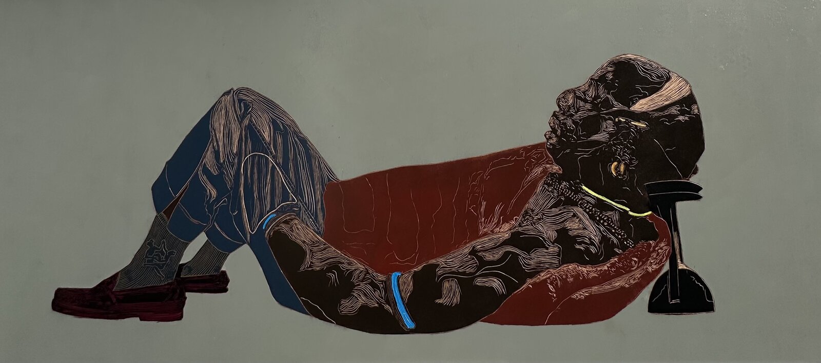 Painting by Treasure Mlima — reclining figure in red and blue