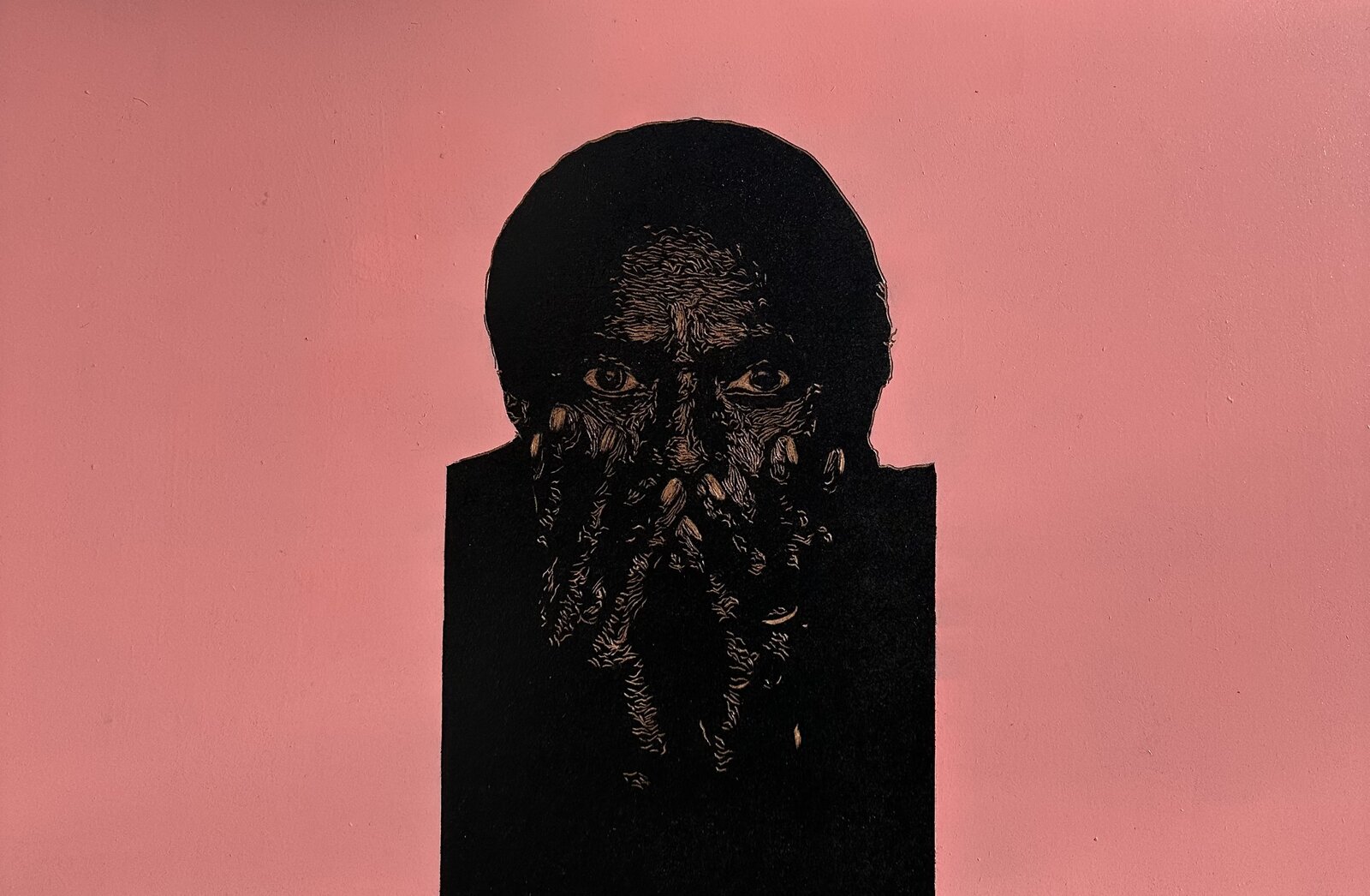 Painting by Treasure Mlima — figure in a backbend beneath a shelf of books on a patterned rug