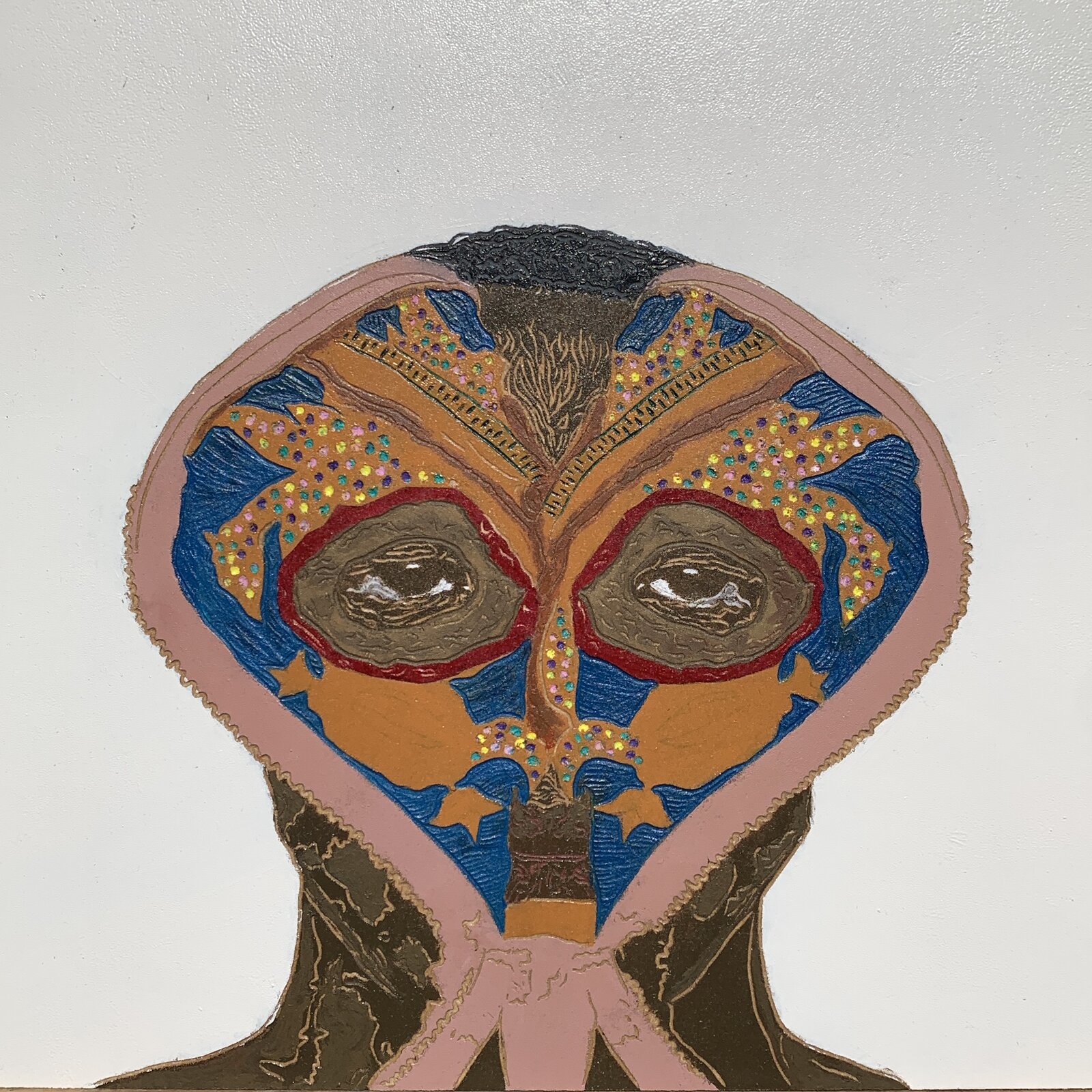 Painting by Treasure Mlima — silhouetted bust with intricately carved beard on a pink ground