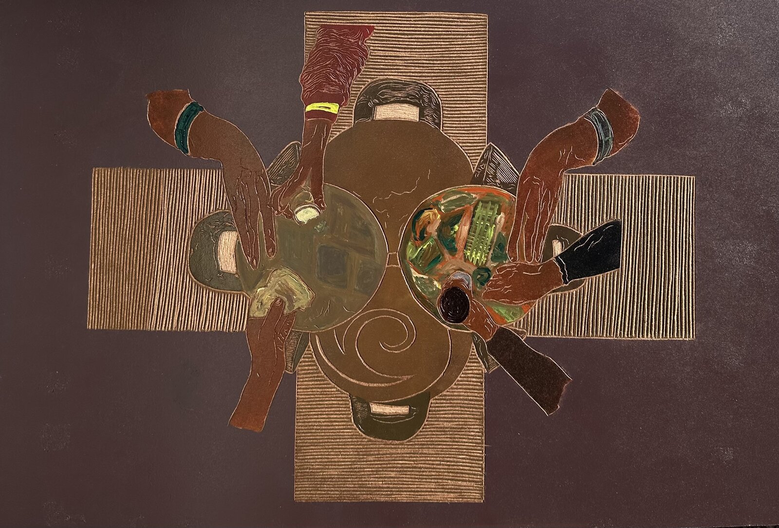 Painting by Treasure Mlima — overhead view of hands gathered around a circular form on a cardboard textured ground